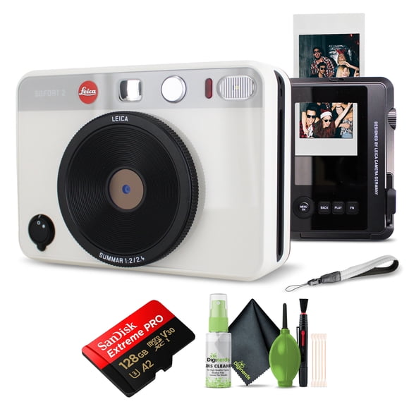 Leica Sofort 2 Appareil Photo Hybride Instantané et Appareil Photo Numérique (Blanc) (19188) avec Écran LCD Ensemble avec Carte Mémoire 128 Go + Trousse de Nettoyage