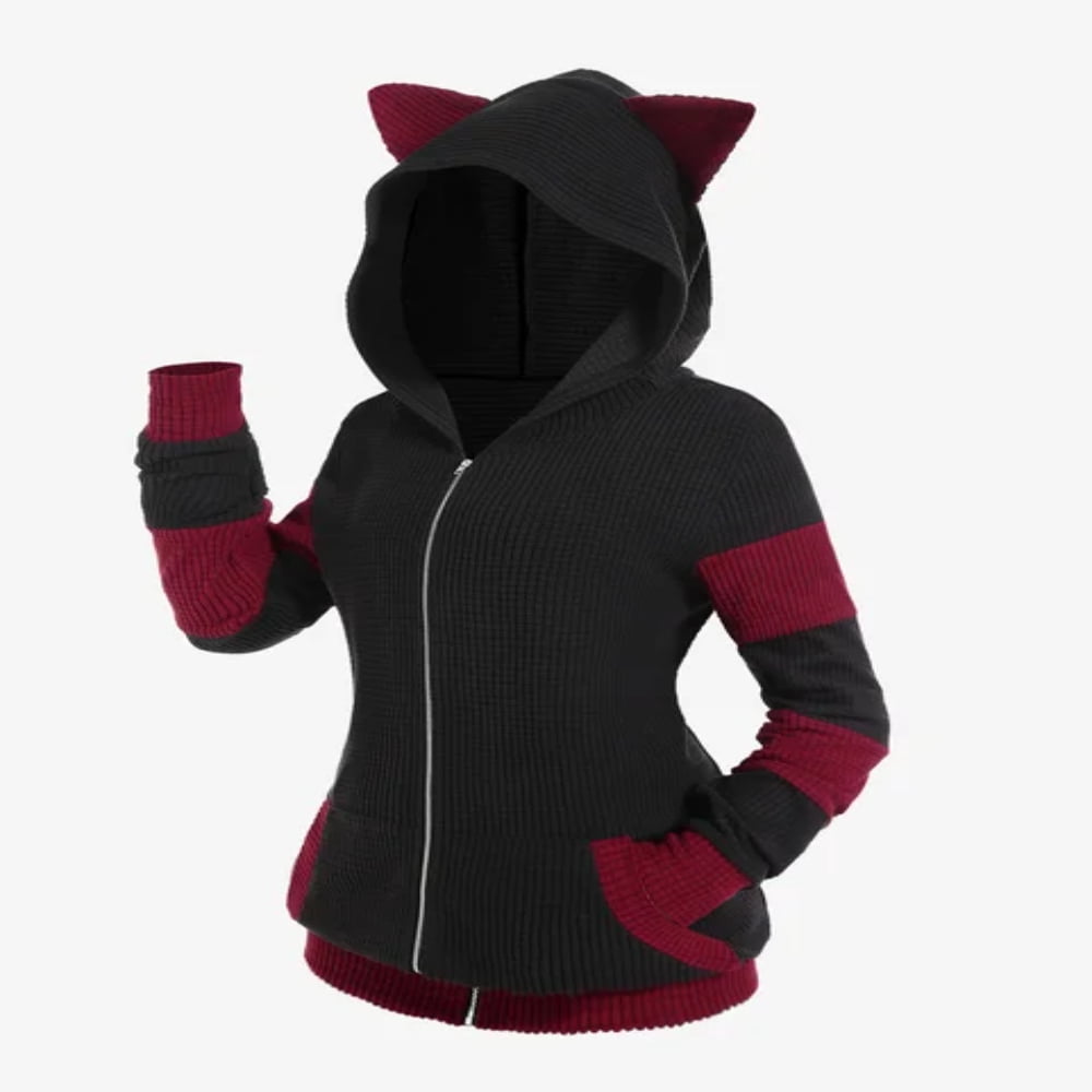 LNGOOR ROSEGAL Mignon Automne Hiver Femmes Veste Colorblock Oreilles de Chat à Côtes à Capuche Chaude Manches Longues Manteau à Fermeture Éclair 4TG Manteau Hauts Nouvelle Arrivée