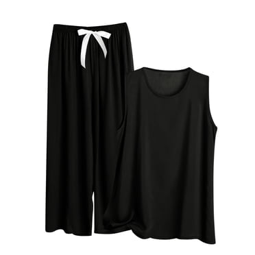 Pyjama Grande Taille pour Femme, Ensemble Tendance 2 Pcs, Camisoles et Pantalons Longs, Automne Été, Tenue de Nuit, Noir, 3TG