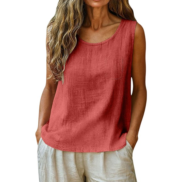YAZHPA Hauts en Lin pour Femmes, Débardeurs en Coton et Lin pour Femmes Décontractés Sans Manches Chemises d'Été Col Rond Camisole, Rouge TG