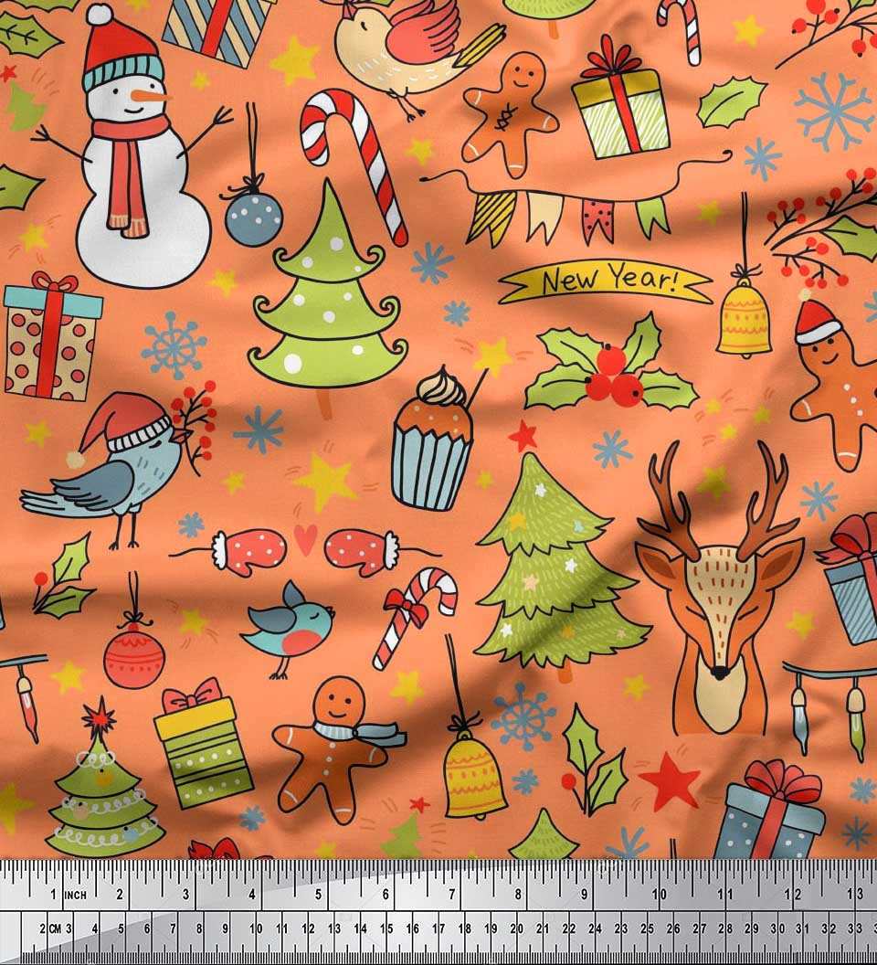 Soimoi Velvet Fabric Gift Box,Snowman & Tree Christmas Print Sewing Fabric Yard 58 Inch Wide