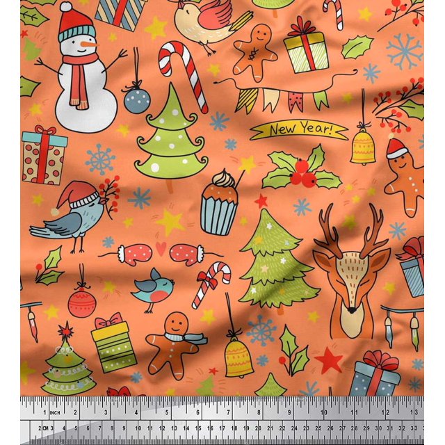 Soimoi polyester Crepe Fabric Gift Box,Snowman & Tree Christmas Print Fabric by the Yard 52 Inch Wide