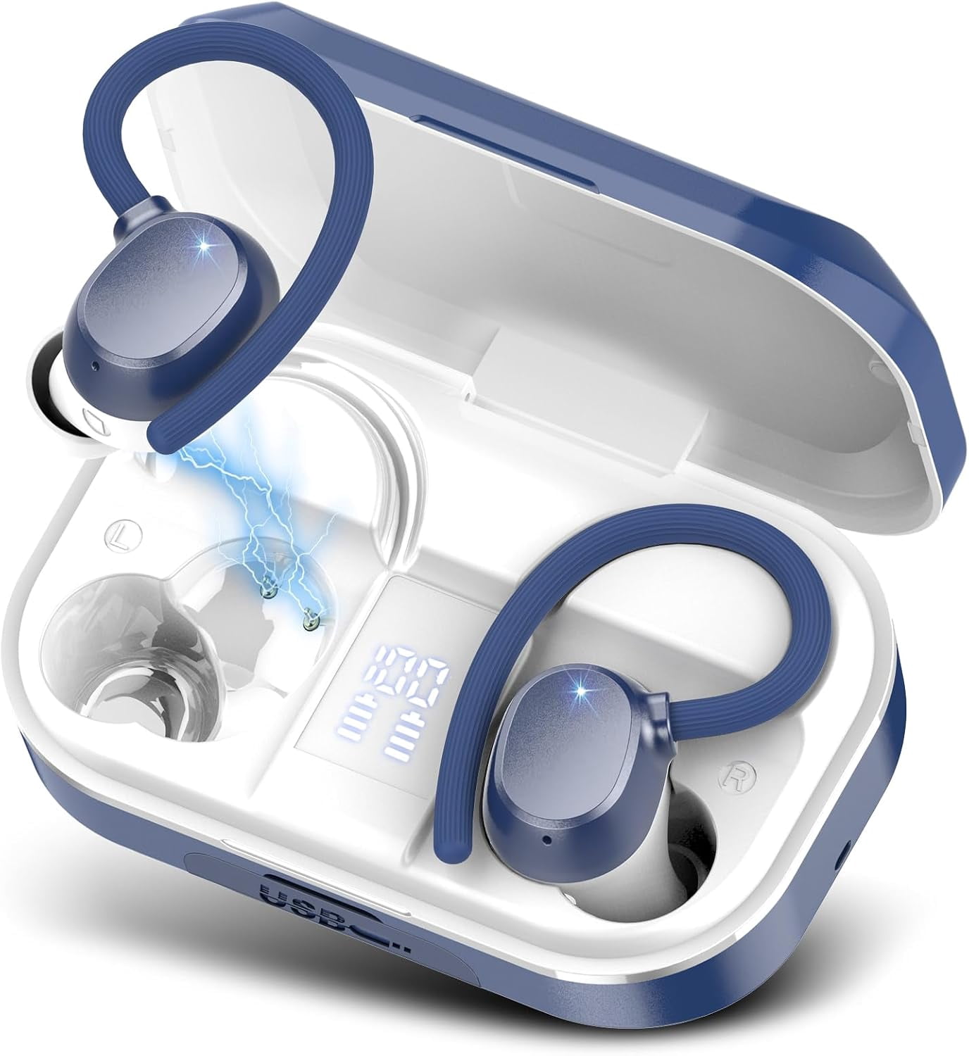 Wireless Earbuds, Bluetooth 5.3 Sport Headphones with Ear Hooks, 128H Playtime, LED Display, IPX7 Waterproof for Gym/Running/Workout, Dark Blue