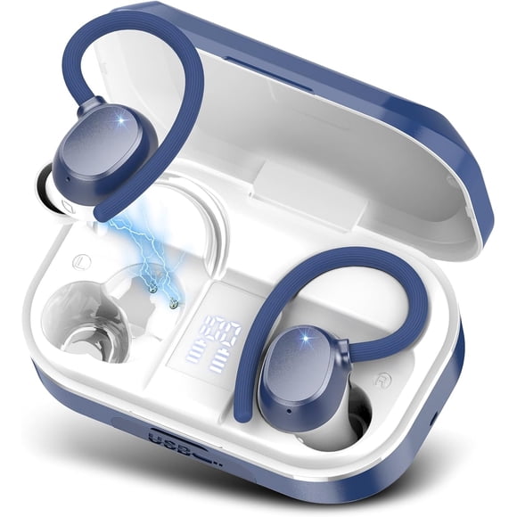 Wireless Earbuds, Bluetooth 5.3 Sport Headphones with Ear Hooks, 128H Playtime, LED Display, IPX7 Waterproof for Gym/Running/Workout, Dark Blue