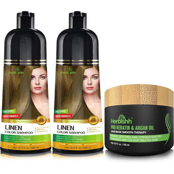 Herbishh Ultimate Hair Colour Shampoo Kit( 2Pcs Hair Colour Shampoo+ 1Argan Hair Mask)for Grey Hair Permanent Hair Colour Shampoo for Men and Women Long Lasting Shampoo Easy to Apply (Linen)