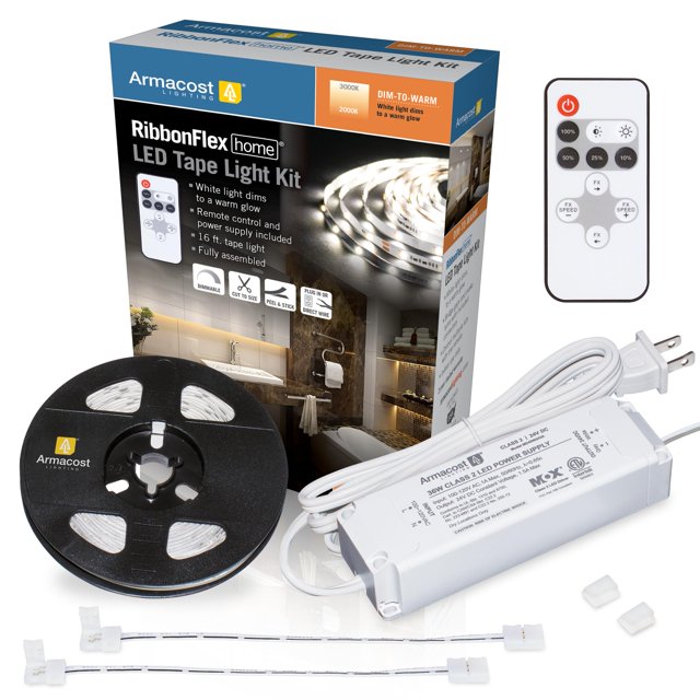 Armacost Lighting 421503 Ribbon Flex Trousse de Ruban Lumineux DEL pour la Maison, Intensité Variable à Chaude, avec Télécommande, 16 Pi