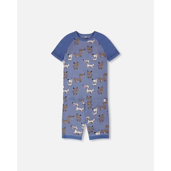 Ensemble Pyjama Deux Pièces en Coton Biologique Imprimé Chien Bleu