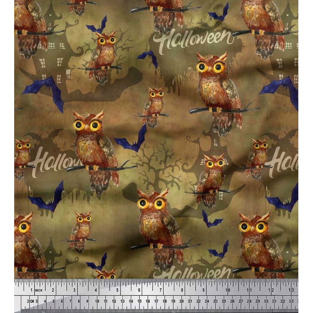 Soimoi Rayon Fabric Owl,Bat & Haunted House Halloween Decor Fabric Printed Yard 56 Inch Wide