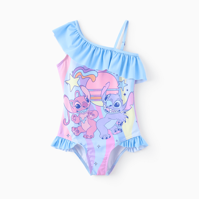 Disney Stitch Toddler/Kid Girl 1pc Floral/Colorful Striped Print Off-shoulder RuffledUPF 50+ Swimsuit