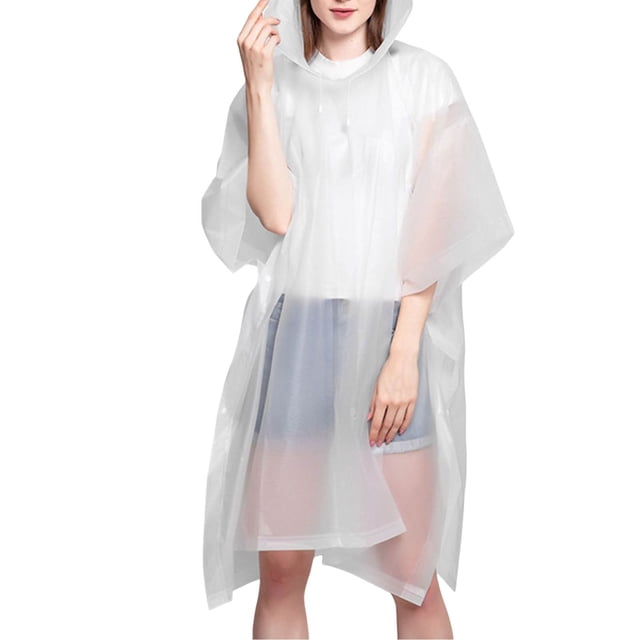 Heavy Duty Reusable Emergency Rain Poncho for Adults with Adjustable Drawstring Hood, shown in a translucent design. Made from durable EVA material, this full-length raincoat provides complete coverage for outdoor activities and emergencies. Features a packable design for easy storage in a car, bag, or emergency kit.