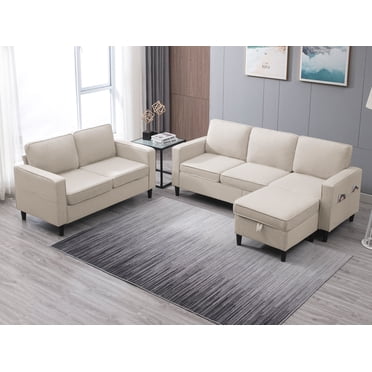 BALUS 2 Pieces Couch Set, L Shaped Sofa with Storage Ottoman and Loveseat, 6-Seats Sofa Couches, Living Room Set Furniture, Linen, Beige