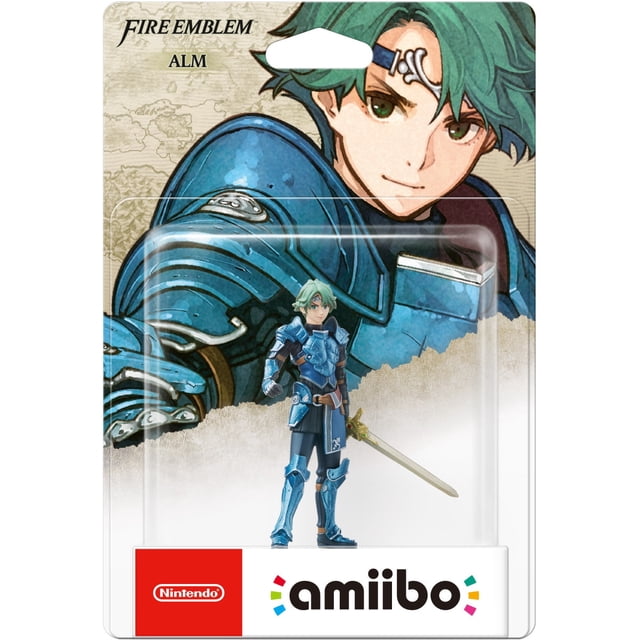 Fire Emblem Series: Alm Amiibo by Nintendo, showcasing Alm in intricate blue armor wielding a sword. Packaged in a clear display box with Fire Emblem branding and Alm's character artwork in the background. A Toys to Life accessory compatible with NFC-enabled Nintendo systems for unlocking in-game extras.