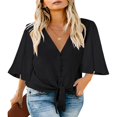 thumbnail image 1 of CHUANK Women‘s Button Down V Neck Tops Ruffled 3/4 Sleeve Tie Knot Front Blouses White Sizes S-2XL, 1 of 8