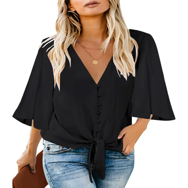 CHUANK Women‘s Button Down V Neck Tops Ruffled 3/4 Sleeve Tie Knot Front Blouses White Sizes S-2XL