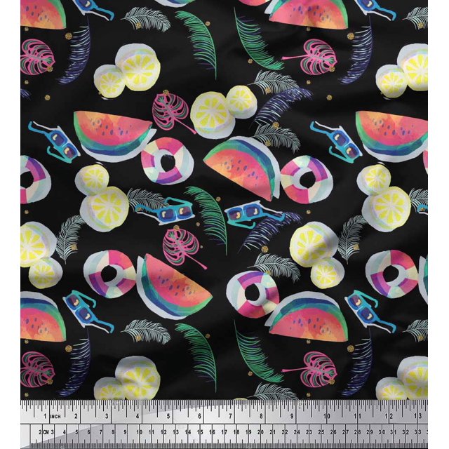 Soimoi Polyester Crepe Fabric Fruits,Swim Ring & Goggles Summer Designs Printed Fabric 1 Yard 52 Inch Wide