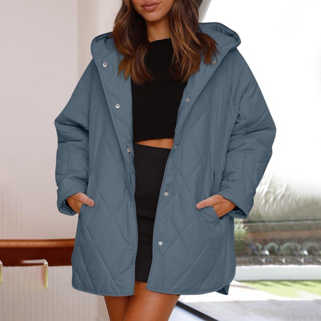 XZNGL Womens Solid Color Diamond Plaid Pocket Cotton Jacket Button Cotton Jacket Long Sleeved Hooded Dasual Jacket