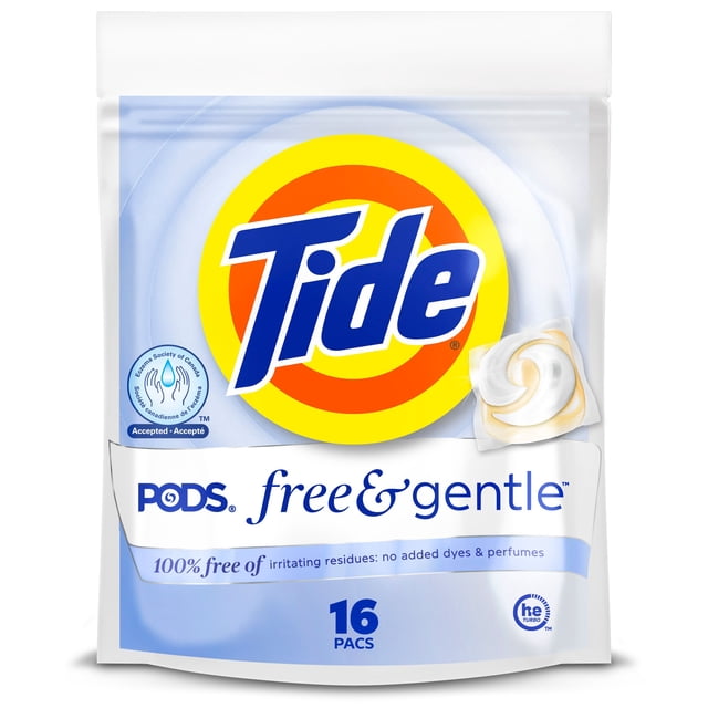 Tide PODS Free & Gentle Laundry Detergent Soap Pacs, Tide PODS Laundry Detergent, Laundry Detergent Pacs, Laundry PODS Detergent, 16 Count