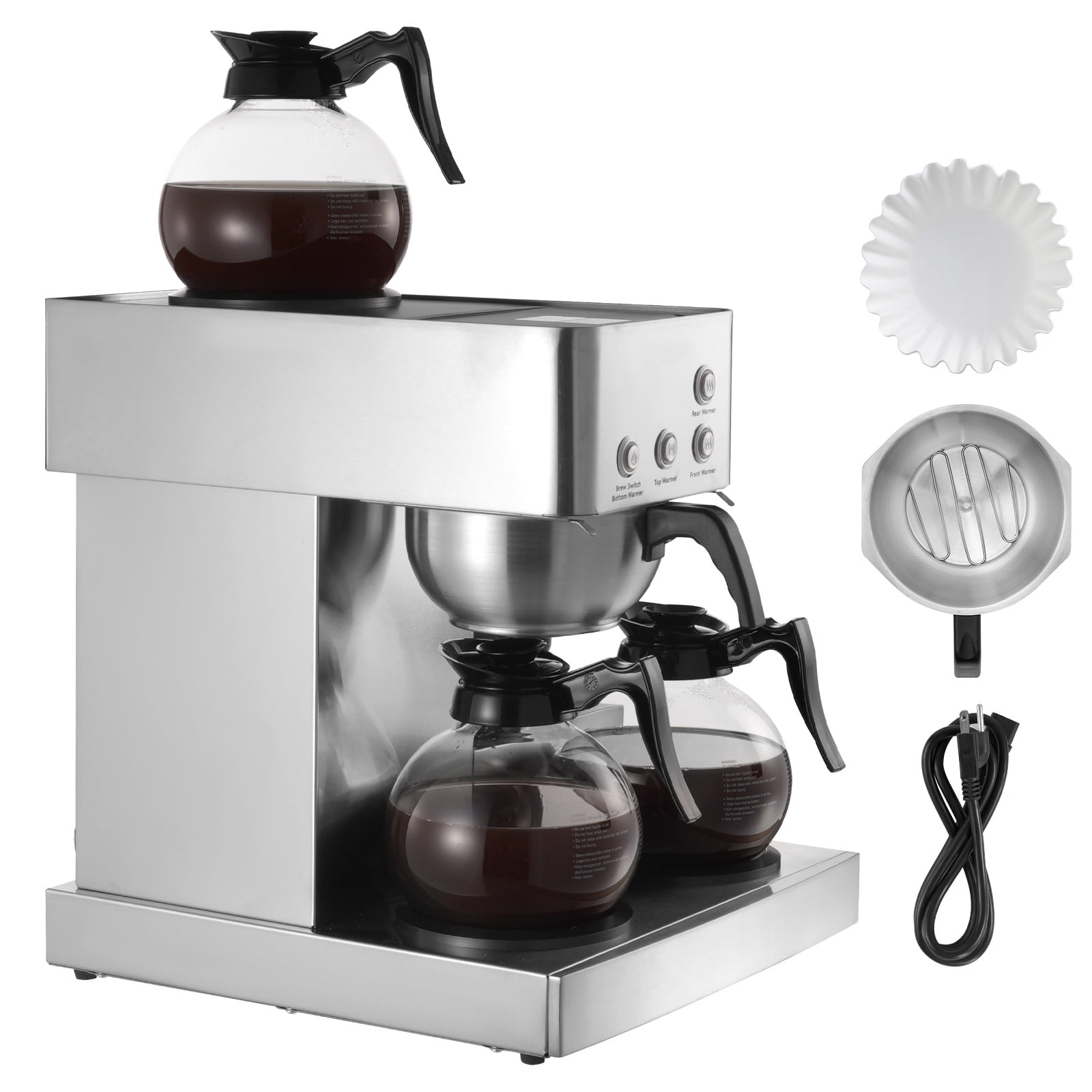 KFFKFF Commercial Drip Coffee Maker, 12 Cups Coffee-Maker Machine with 4 Glass Carafes and 4 Decanter Warmer Plates, Stainless Steel Drip Style Coffee Brewer