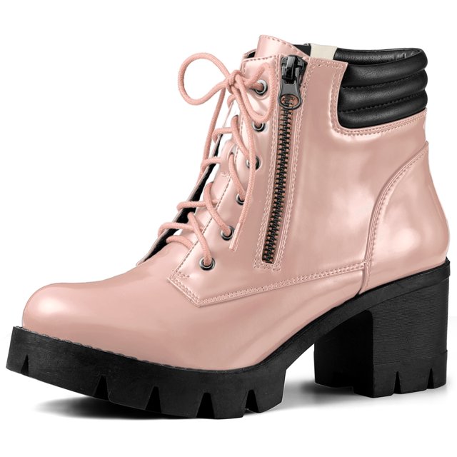 Unique Bargains Women's Rounded Toe Side Zip Combat Block Heel Ankle Boots
