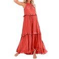 thumbnail image 2 of Robes pour Femmes Robe Maxi Sans Manches Décontractée Fluide à Volants Élégante Robe de Soleil Unie Rouge Melon D\'eau S, 2 of 5