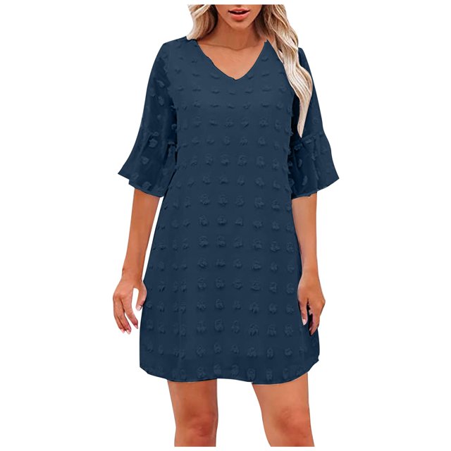 Cameland Robe d'Été pour Femmes, Couleur Unie, Col en V, Chiffon à Pois, Manches Courtes, Col en V