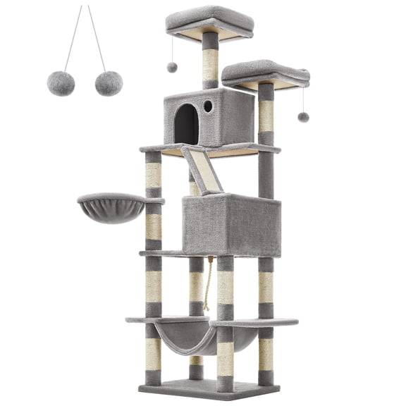 Feandrea Cat Tree, 81.1-Inch Large Cat Tower with 13 Scratching Posts, 2 Perches, 2 Caves, Basket, Hammock, Pompoms, Multi-Level Plush Cat Condo for Indoor Cats, Light Gray UPCT190W01
