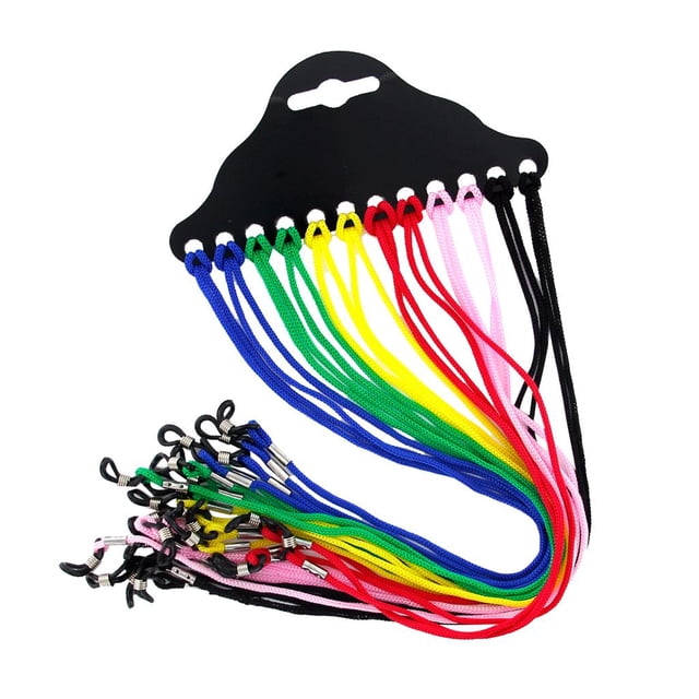12pcs adjustable eyewear retainers in random vibrant colours such as blue, green, yellow, red, pink, and black. Made of durable nylon, each cord measures approximately 24 inches in length and 2 mm in thickness, designed to securely hold sunglasses or eyeglasses in place. Presented on a black hanger for easy organization.