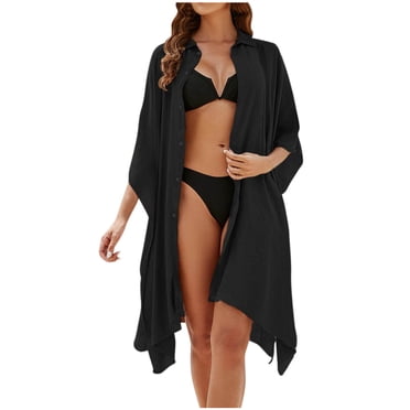 Plebaso Longue Robe de Plage de Plage pour Femmes à Boutons, Col, par-Dessus, Robe Chemise de Maillot de Bain Unie pour Femmes pour les Vacances
