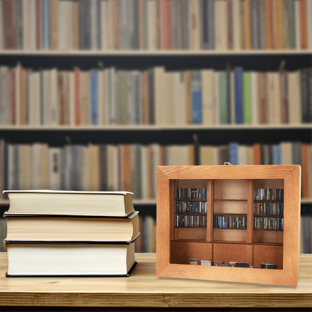 Relief Anxiety Bookshelf with 200Books Miniature Library Wooden Bookshelf Shake Your Anxiety A handcrafted wooden miniature bookshelf and display cabinet with 200 tiny books, 15 x 12 x 3.5 cm, natural wood color, openable rocking bookshelf for shaking out and reorganizing books to relieve anxiety; often used as a dollhouse accessory or desktop decor piece.