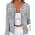 thumbnail image 2 of Femmes - Blazer à Carreaux Chic Décontracté Cardigan à Boutons devant Col Ras du Cou Manches Longues Vestes en Tricot Texturé Gris P, 2 of 9