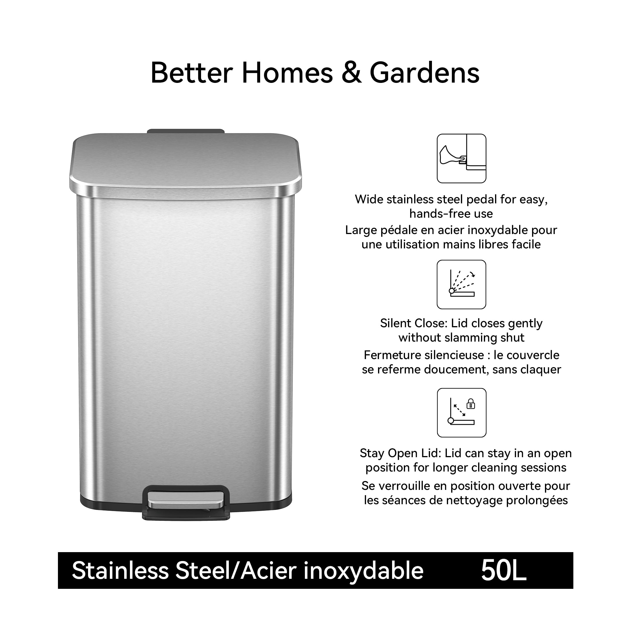 Poubelle de cuisine Better Homes & Gardens, 50 litres, acier inoxydable, à pédale