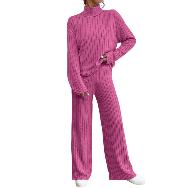 Kcodviy Women's Two Piece Knit Plus Size Rompers and Jumpsuits for Women Matching Outfits High Neck Suits for Ladies Slit Hem Tee and Tan Linen Pants Women Pants Tracksuit Sets