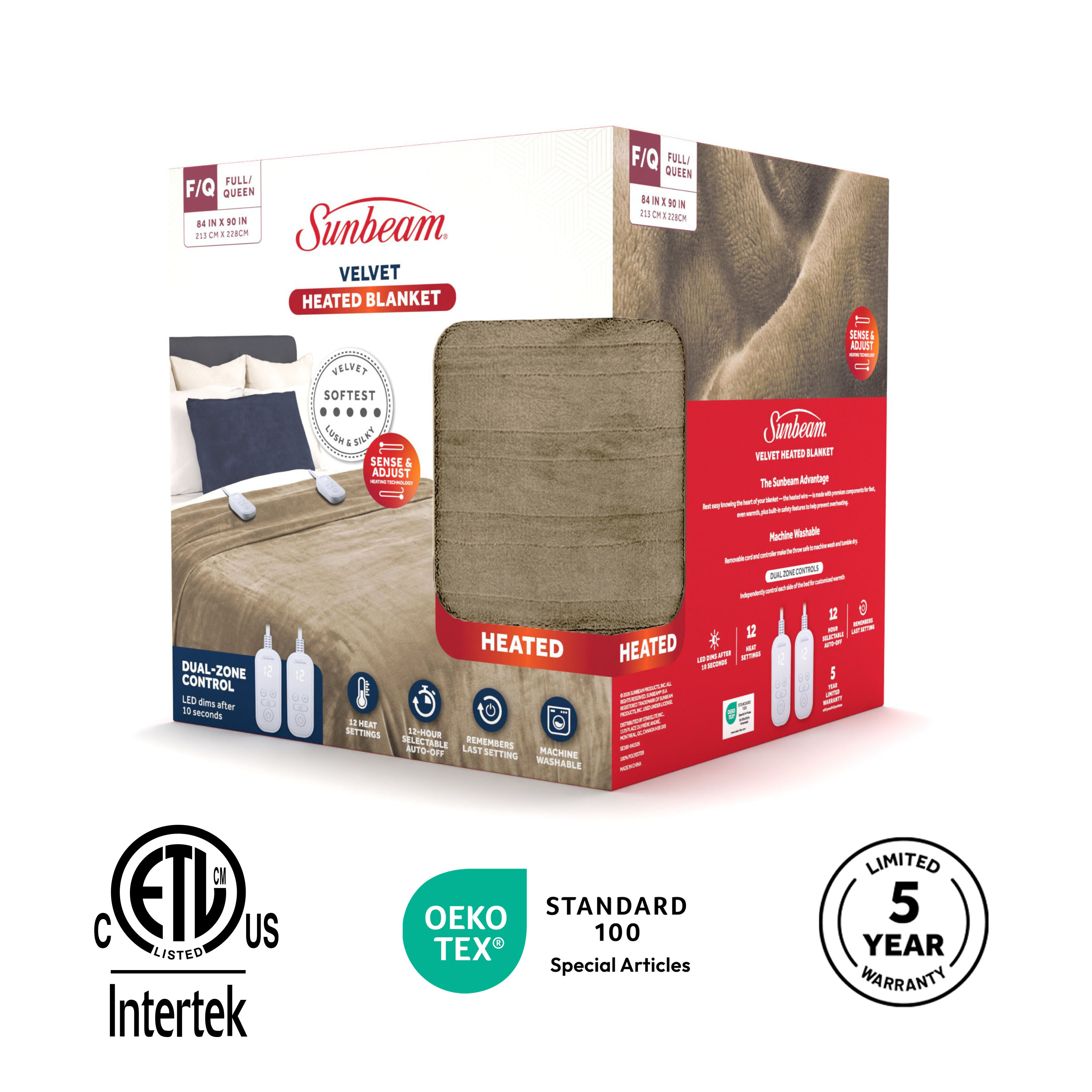 Couverture chauffante Sunbeam en velours taupe 12 réglages de chaleur format double/queen, 90 x 84 po