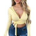 thumbnail image 1 of Women Sexy Slim Crop Tops Deep V-Neck Front Lace-up Base Shirt, 1 of 6