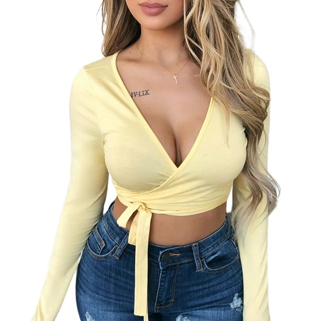 Women Sexy Slim Crop Tops Deep V-Neck Front Lace-up Base Shirt