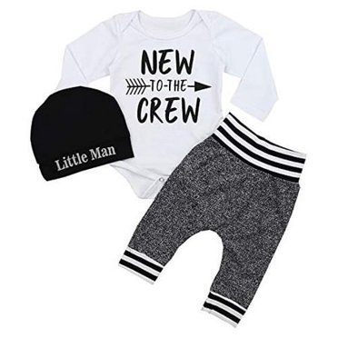 Vêtements pour Nouveau-Né Garçon Nouveau dans l'Équipe Barboteuse à Inscription + Pantalon + Chapeau Ensemble 3 Pcs 0-3 Mois Blanc