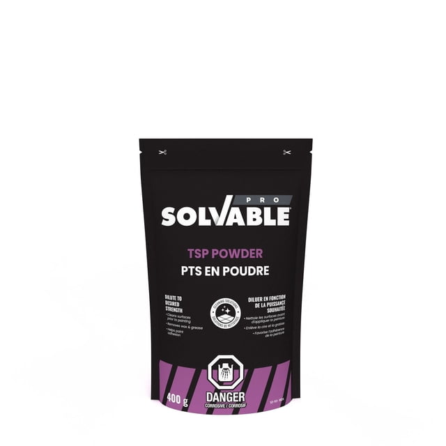 SOLVABLE® PRO - TSP Powder in a 400 g black and purple resealable pouch, a multi-surface cleaner that removes wax and grease before painting to improve paint adhesion, diluted to desired strength, with clear corrosive hazard warnings.