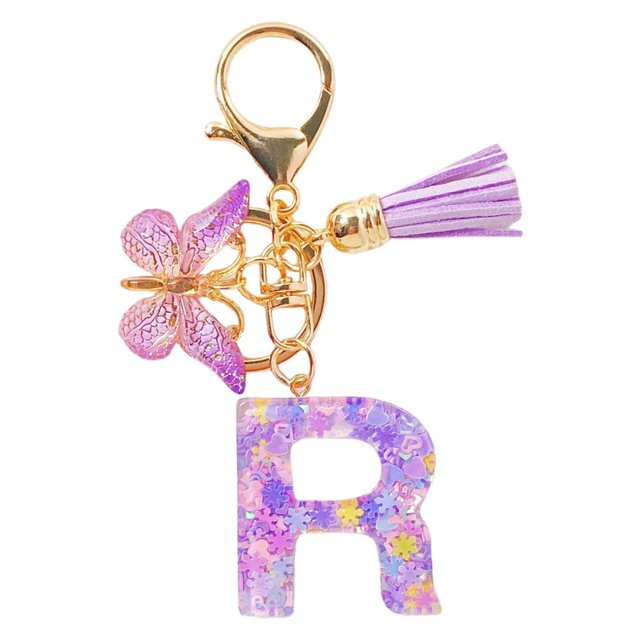 Feltree Initial Letter Keychains for Women Tassel Purple Cute Car Keychain for Wallet Backpack Bag