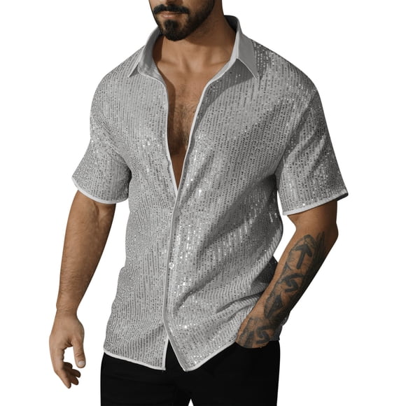 hotojiny Men's Sequin Dress Shirt 70s Disco Sparkle Party Clubwear Loose Fit Short Sleeve Button down Glitter Shirts