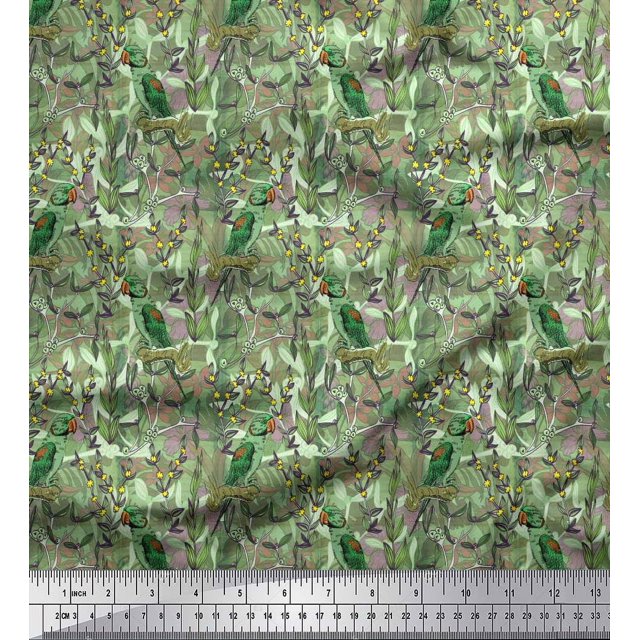Soimoi Poly Georgette Fabric Leaves, & Parrot Bird Printed Fabric 1 Yard 52 Inch Wide