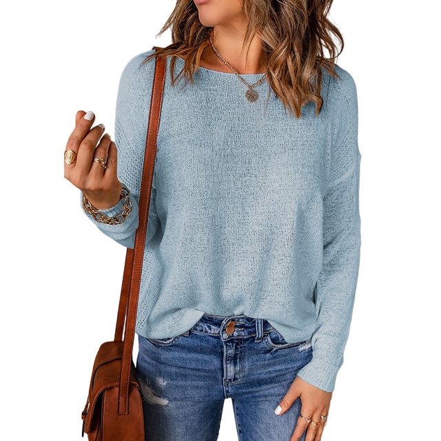 Innerwin Sweater Solid Color Ladies Jumper Tops Chic Long Sleeve Casual Knitted Sweaters Blue L
