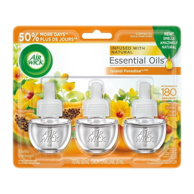 Air Wick Plug-in Air Freshener Scented Oil Refills Island Paradise pack with 3 clear glass refills embossed with Air Wick logo, each 20 ml, infused with natural essential oils, providing up to 180 days of continuous tropical fruit and flower fragrance, ideal for use in living rooms, bathrooms, and offices.