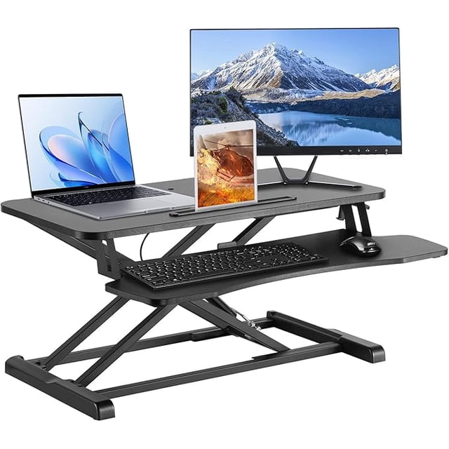 32 Inch Standing Desk Converter, Height Adjustable Sit to Stand Desk Riser Laptop Computer Workstation with Removable Keyboard Tray, Monitor Arm Hole & Notebook Slot