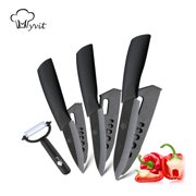 Kitchen Knife Set, Ceramic Chef Knife 4Pcs Set with Sheath and Ergonomic Handle,Black Blade Peeler Slicer Utility Fruit Paring Knives