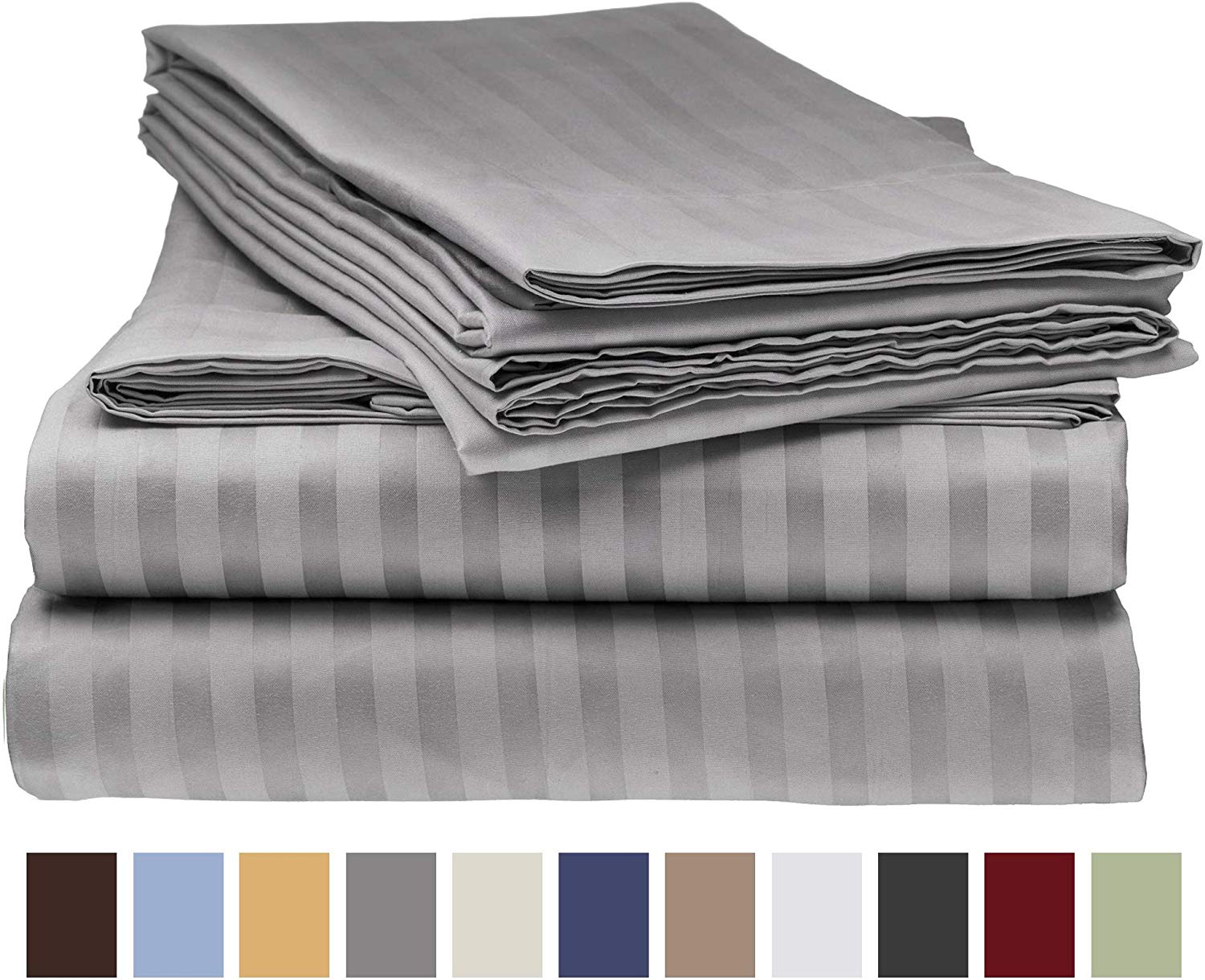Ensemble de Draps de Lit Deluxe Rayé 1800 Prestige Doux et Confortable, Grand Gris