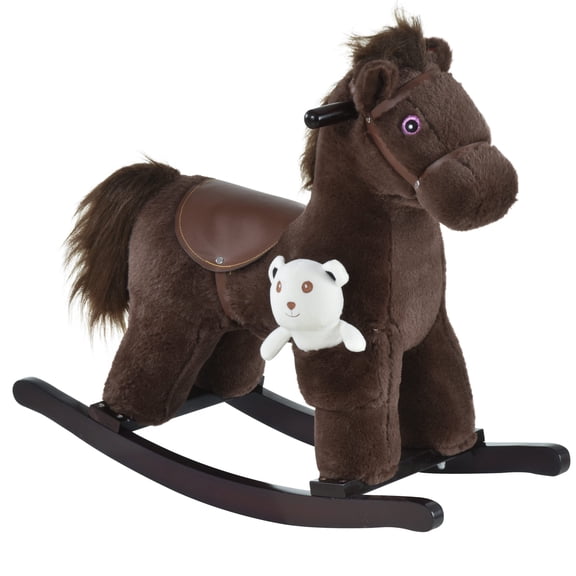 Qaba Cheval à Bascule en Peluche pour Enfants avec Ourson, Chaise pour Enfants avec Jouet en Peluche Doux et Sons Réalistes Amusants, Brun