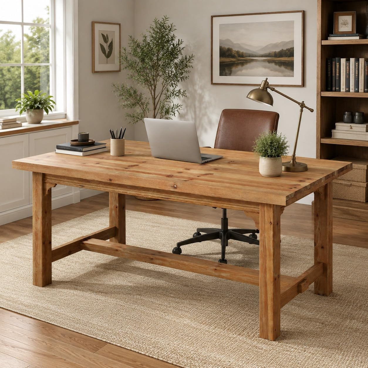 Tribesigns Solid Wood Executive Desk, 63‑Inch Farmhouse Office Computer Desk with Thick Legs, Large Writing Table with Foot Bar for Home Office, Brown