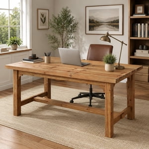 Tribesigns Solid Wood Executive Desk, 63‑Inch Farmhouse Office Computer Desk with Thick Legs, Large Writing Table with Foot Bar for Home Office, Brown