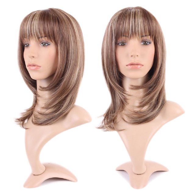 Perruque Synthétique Longue et Bouclée avec Frange, Perruques aux Cheveux Courts, Résistante à la Chaleur, Perruque Complète, Tête Complète pour Femmes, Blond, Mèches