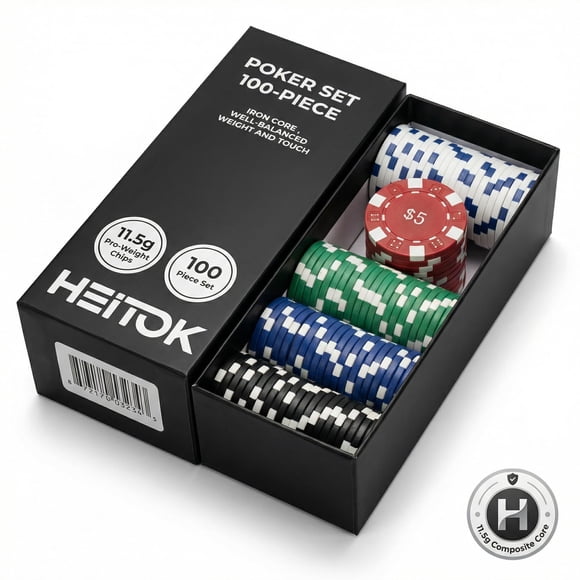 HEITOK Ensemble de 100 Pcs de Jetons de Poker avec Dénominations de Valeur, Jetons Pondérés de 11,5 g pour Texas Hold'em et Blackjack, Ensemble de Jeu de Casino